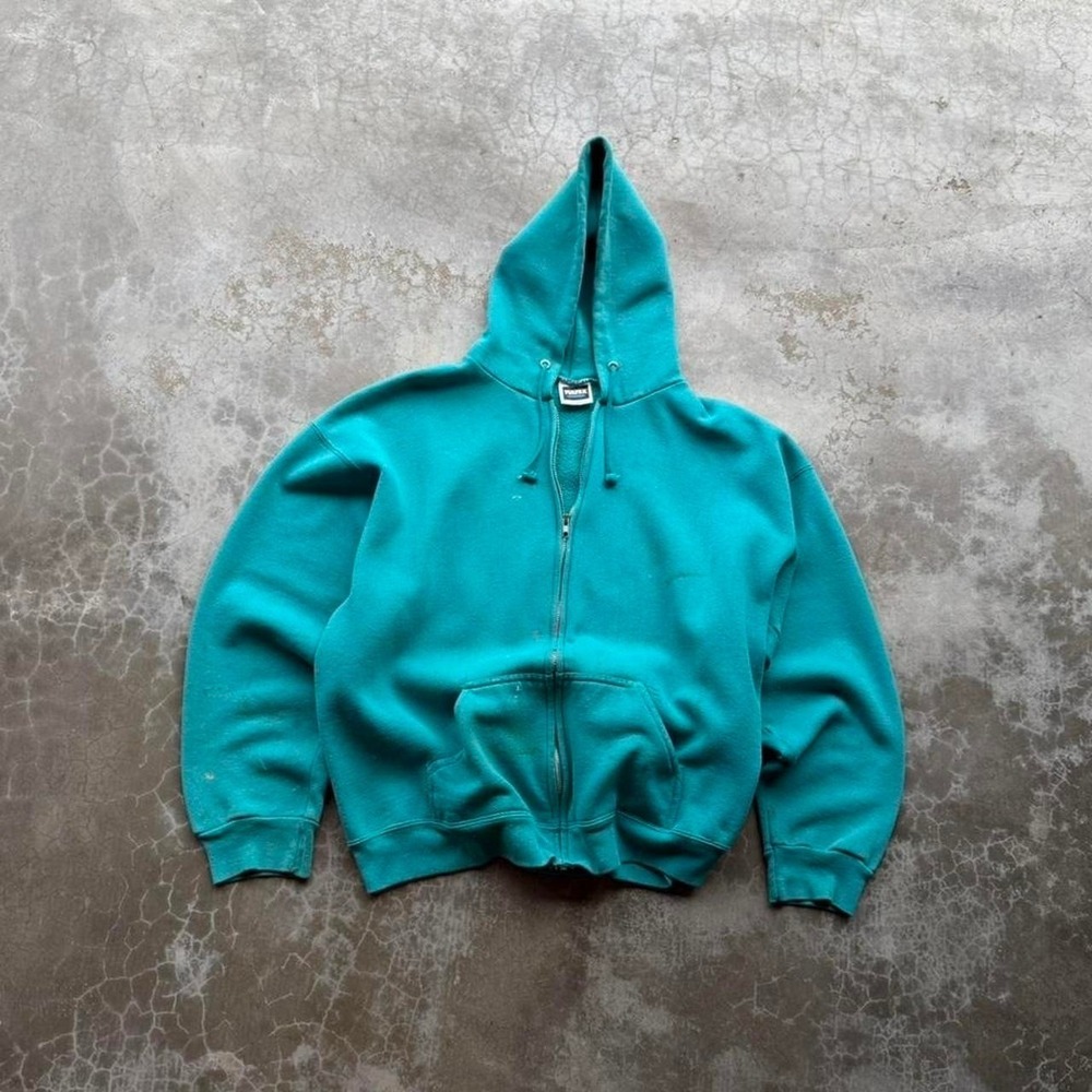 Vintage 90's Tultex Baby Blue cotton blank zip up painted hoodie  Size XL